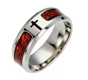 Anillo de titanio Kyle con incrustación de madera y cruz cristiana - Imagen 1 de 16