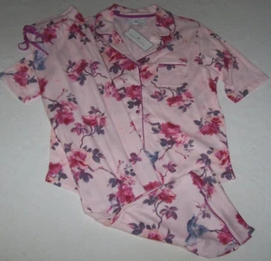 NWT Karen Neuburger Pink ROSE FEATHER/Blue BIRDS Pajama Set M ELBOW SLEEVES - Picture 1 of 5