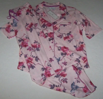 NWT Karen Neuburger Pink ROSE FEATHER/Blue BIRDS Pajama Set M ELBOW SLEEVES - Image 1 of 4