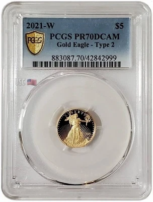2021-W 1/10 Oz GOLD $5 AMERICAN EAGLE Type 2 PCGS PR70DCAM Gold Shield Coin. - Image 1 of 4
