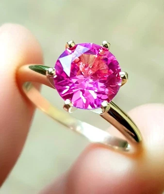 Anillo de oro amarillo sólido de 14K con zafiro rosa natural. Joyería de zafiro solitario Foto 1 de 4