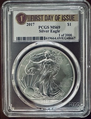 2017 First Day Of Issue 1 of 2000 American Silver Eagle PCGS MS69 1oz Fine Silve - Image 1 of 2