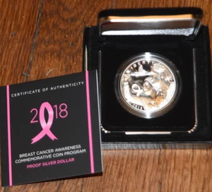 2018 Breast Cancer Awareness Proof Silver Dollar Coin W/ Box COA - Picture 1 of 3