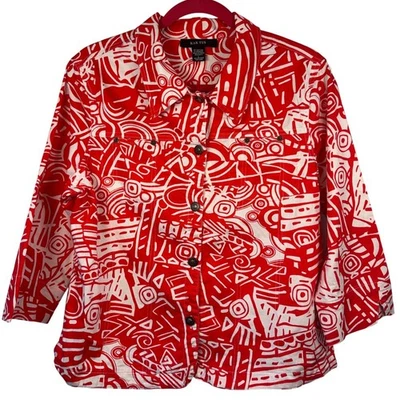 Chaqueta de mezclilla para mujer KAK TUS Art roja blanca con estampado abstracto talla L Foto 1 de 4