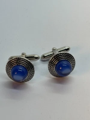 Abotoaduras vintage tom prata pedra de vidro azul elegante assinado Swank - Imagem 1 de 4