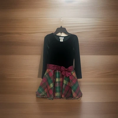 Niñas Talla 12 Verde Oscuro Terciopelo Cuadros Navidad Fiesta Vestido Manga Larga Foto 1 de 4