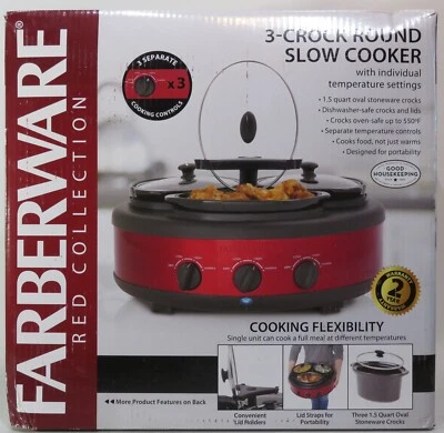 Olla de cocción lenta redonda Farberware roja 3 x 1,5 cuartos Controles de temperatura separados nuevos en caja Foto 1 de 4