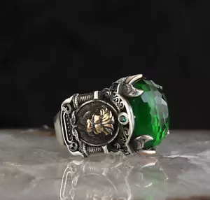 Emerald Stone Ring Handmade 925 Sterling Silver jewelry Gift Lion Men's Ring 006 - Picture 1 of 6
