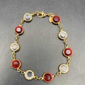 Monet Lünette Armband rot Klarglas Kristall goldfarben zierlich 7,25 Zoll Vintage - Bild 1 von 6