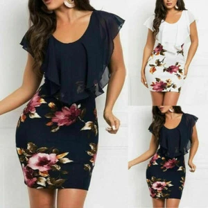 Womens Summer Floral Bodycon Dress Ladies Evening Party Mini Dress Plus Size AU - Picture 1 of 20