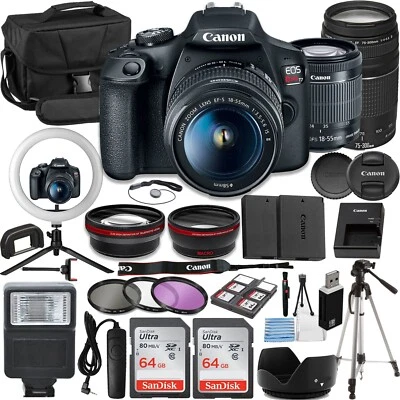 Canon T7 Vlogger Kit: 18-55mm & 75-300mm Lenses,2x64GB Card, Ring Light, + More - Image 1 of 4