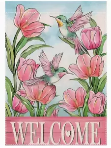 GARDEN FLAG- Welcome Garden Flag, 12x18 Inch, Double-Sided, Tulips and Humming - Picture 1 of 6