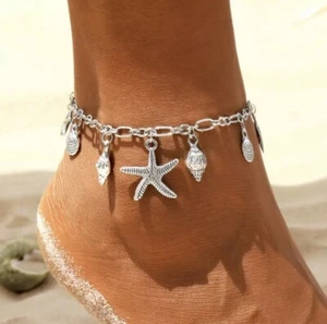 Atemberaubende Strand Thema Seestern und Muscheln Fußkette Silber Farbe - Bild 1 von 3