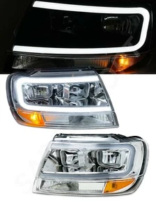 Set of Pair Chrome Headlights w/ LED C-Bar for 1999-2004 Jeep Grand Cherokee - Picture 1 of 6