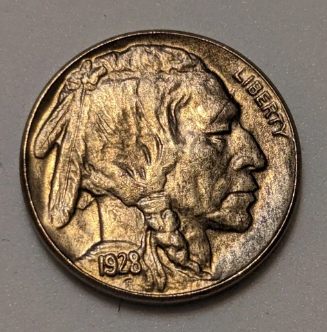 1928 Buffalo Nickel BU Better Date Obverse Die Gouge Nice Toning Cover