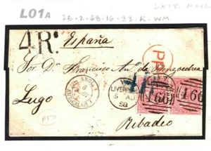 GB LATE DESTINATION MAIL Cover Liverpool *PS8.30LN* CDS 1858 Ribadeo Spain L01a - Picture 1 of 6