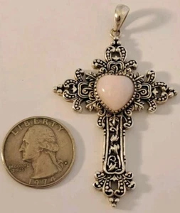 ORNATE Sterling Silver BBJ CROSS Pink Quartz HEART 2.75" Necklace Pendant - Picture 1 of 6