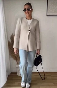 ZARA NEW WOMAN SS24 BEIGE WOOL PEPLUM KNIT BLAZER REF:5755/113 SIZE L - Picture 1 of 5