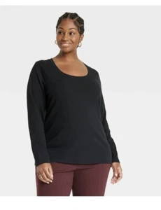 Ava & Viv Plus Size 3X Slim Fit Long Sleeve Scoop Neck T Shirt Black Ribbed A1 - Picture 1 of 3