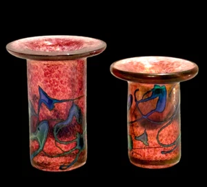 Paar signierte Robert Held Kanada irisierende gezogene Dekoration Kunst Glas Vasen - Bild 1 von 14
