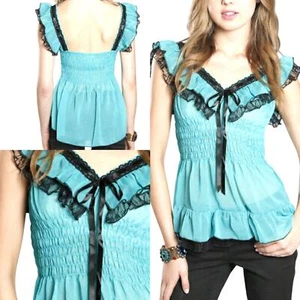 Umgee Top Größe M schwarz Spitze Fransen gesmokt türkis Whimsigoth Damen Shirt - Bild 1 von 4