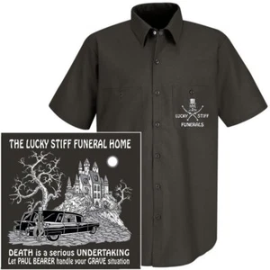 DEATH IS SERIOUS PAUL BEARER FUNERAL UNDERTAKER GRAVE SITUATION SKULL WORK SHIRT - Picture 1 of 3