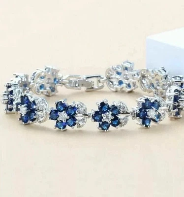 2Ct Round Cut Lab Created Blue Sapphire Tennis Bracelet 14K White Gold Plated - Image 1 of 4