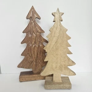 Set Of 2 Rustic Solid Wood Carved Christmas Trees 13" & 12" - Picture 1 of 8