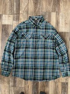 Camicia uomo Eddie Bauer grande in flanella verde blu a quadri con bottoni davanti L/S - Foto 1 di 6