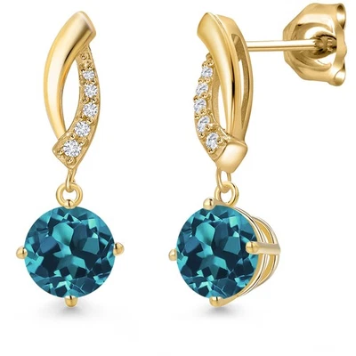 2.71 Ct Round London Blue Topaz G/H Lab Grown Diamond 10K Yellow Gold Earrings - Image 1 of 4