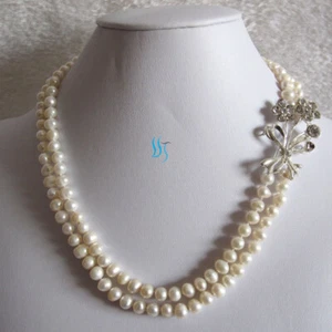 Collana di perle d'acqua dolce 18-19" 5-7 mm bianche 2 file gioielli X2097 - Foto 1 di 4
