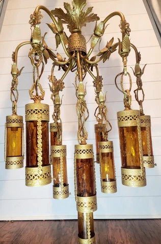 Vintage Piece Unique Gilded Italian Chimney 10 Shade Gld Chandelier Amber Glass Cover