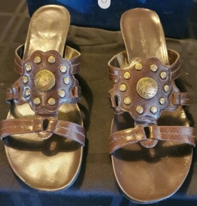 Andrew Geller Womens Sandals Brown Slides Leather Wedge Open Toe Low Heel Sz 10M - Picture 1 of 12