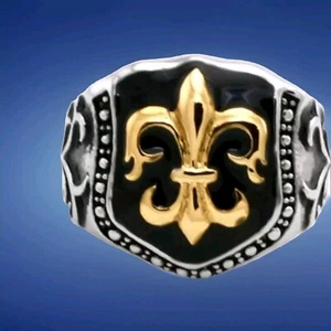 Men's Silver and Gold Stainless Steel Fleur de Lis Royal Signet Ring - size 9 - Picture 1 of 5