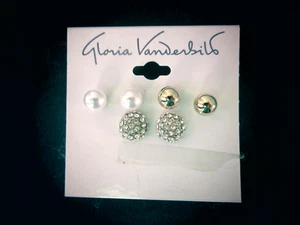 Gloria Vanderbilt Ohrstecker 3 Paar Goldfarbene Perlen Strass Neu - Bild 1 von 3