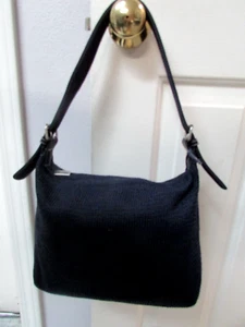 The SAK Navy  Crochet Knit Shoulder Bag Single Leather Strap Buckle SAK w/Charm - Picture 1 of 14