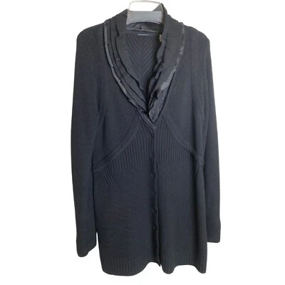 Cárdigan Elie Tahari Negro Lana Merino Línea Larga con Volantes de Seda Talla L Foto 1 de 4