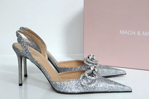 sz 10 / 40.5 Mach & Mach Double Bow Silver Glitter Pointed Slingback Pump Shoes - Picture 1 of 10