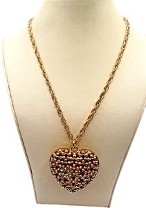 Chunky Gold Heart Pendant Necklace With Faux Rubies 34" - Picture 1 of 5