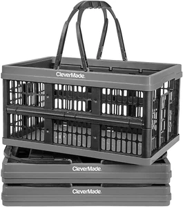 CleverMade Collapsible Plastic Grocery Shopping Baskets: Small Folding Stackable - Picture 1 of 7