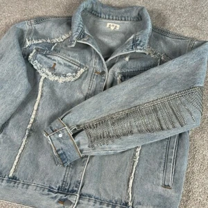 Envejecido, diamantes de imitación, flecos, chaqueta vaquera, grunge, banda punk rock - Imagen 1 de 15