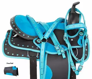 Blue Barrel Racing Western Synthetic Crystal Show Horse Saddle Tack Set 10" -18" - Picture 1 of 7