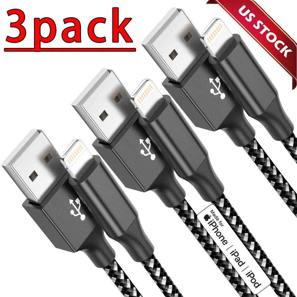 3 Pack Fast Charger Cable Heavy Duty For iPhone 13 12 11 X XR 8 7 Charging Cord - Image 1 of 4