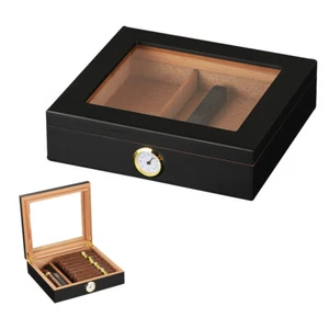 Black Cigars Humidor Storage Box Desktop Glasstop Humidifier Hygrometer Wood Box - Picture 1 of 12