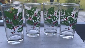 Vintage Indiana Glass Beverage Glasses Tumblers Holly Berry Christmas Set of 4 - Picture 1 of 6