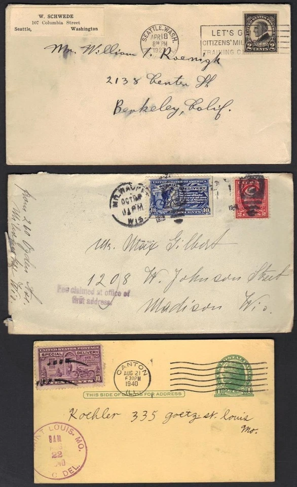 US 1890-1920's COLL OF 5 COVERS 4 SPEC DEL & IMPERF 2¢ Sc 611 TIED SEATTLE WASH - Image 1 of 1