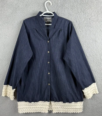 L&B牛仔纽扣衬衫女式2XL蓝色象牙钩针长袖高领 — 第 1/4 张图片