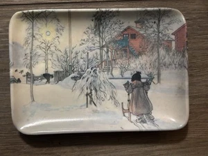 Melamine Trinket Tray Carl Larsson Kick Sled Winter Scene Front Yard 4x6” - Picture 1 of 2