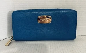 MICHAEL KORS Leather JET SET CONTINENTAL Electric BLUE Large Zip Around Wallet - Picture 1 of 4