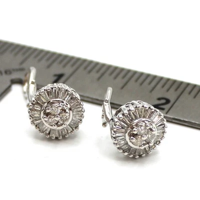 14K White REAL NATURAL Diamond Cluster Earrings 1.25CT Baguette Round Omega Back - Image 1 of 4